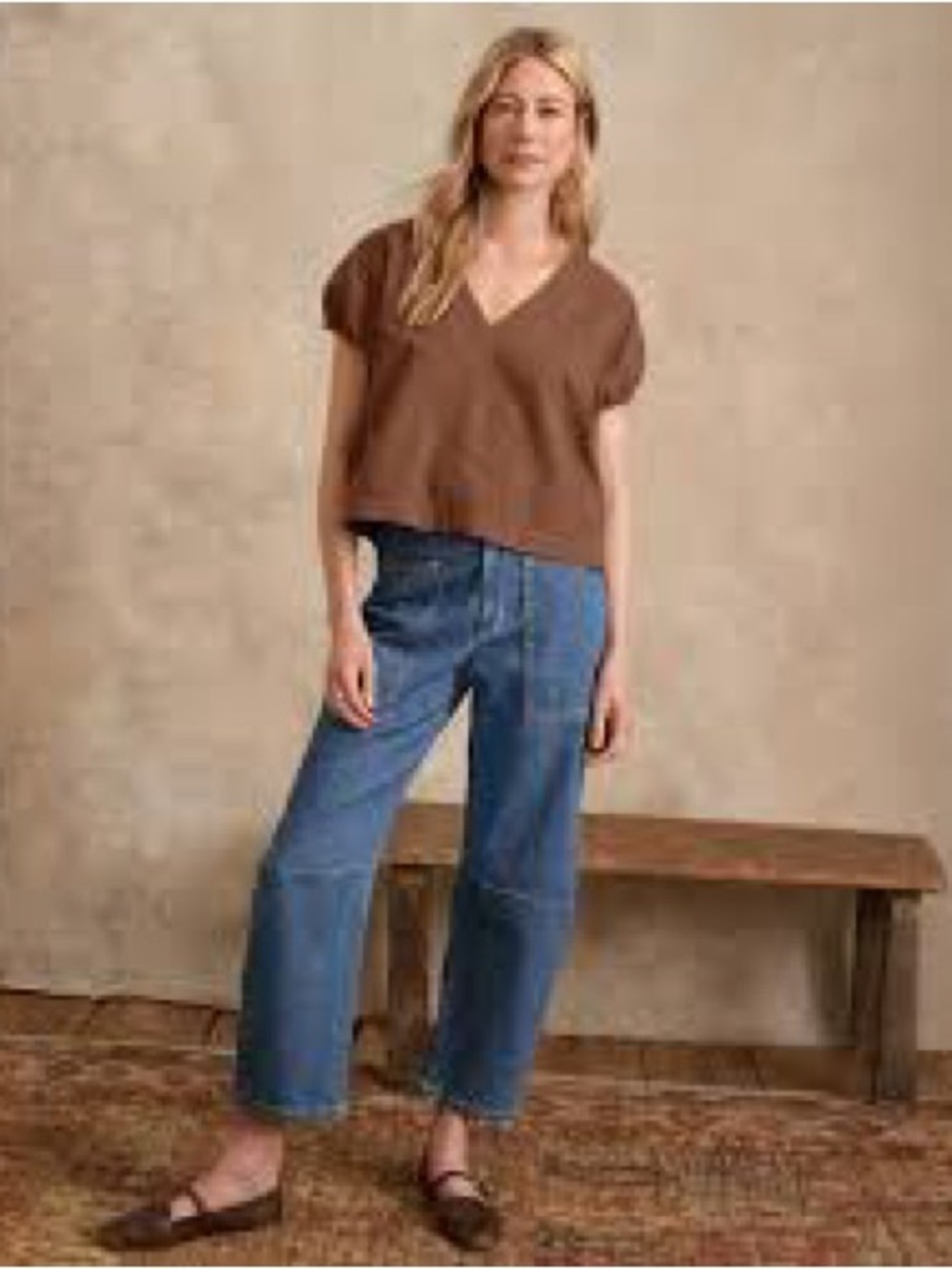 Velvet by Graham & Spencer Brown V-Neck Top with Blue Wide-Leg Jeans